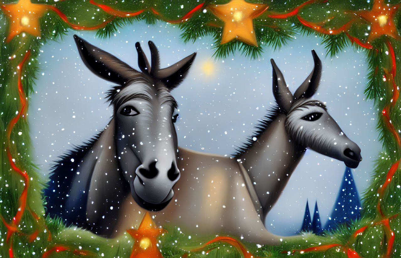 Cartoon donkeys in festive winter scene with garlands and snow
