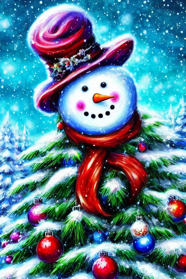 Colorful Snowman with Tall Hat and Red Scarf in Christmas Tree Scene