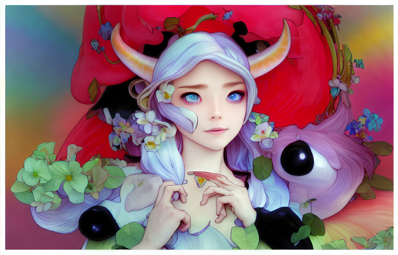 Fantasy female character with horns and blue hair holding an orange slice amidst flowers and butterflies