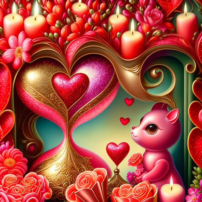 Colorful Romantic Fantasy Illustration with Hearts, Flowers, Cat Figure, and Candles