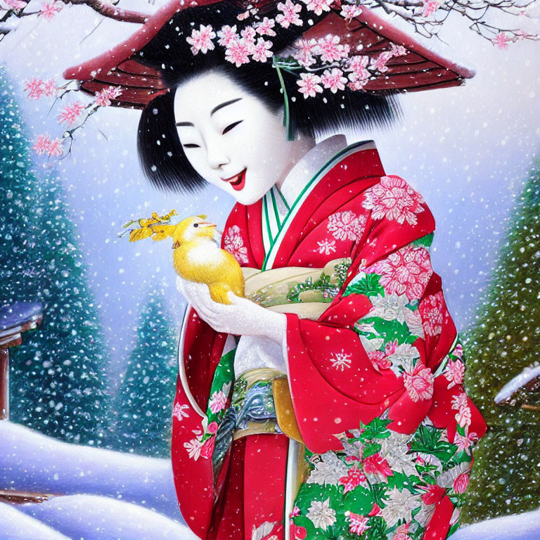 Illustration of smiling woman in red kimono with yellow bird in snowy cherry blossom scene