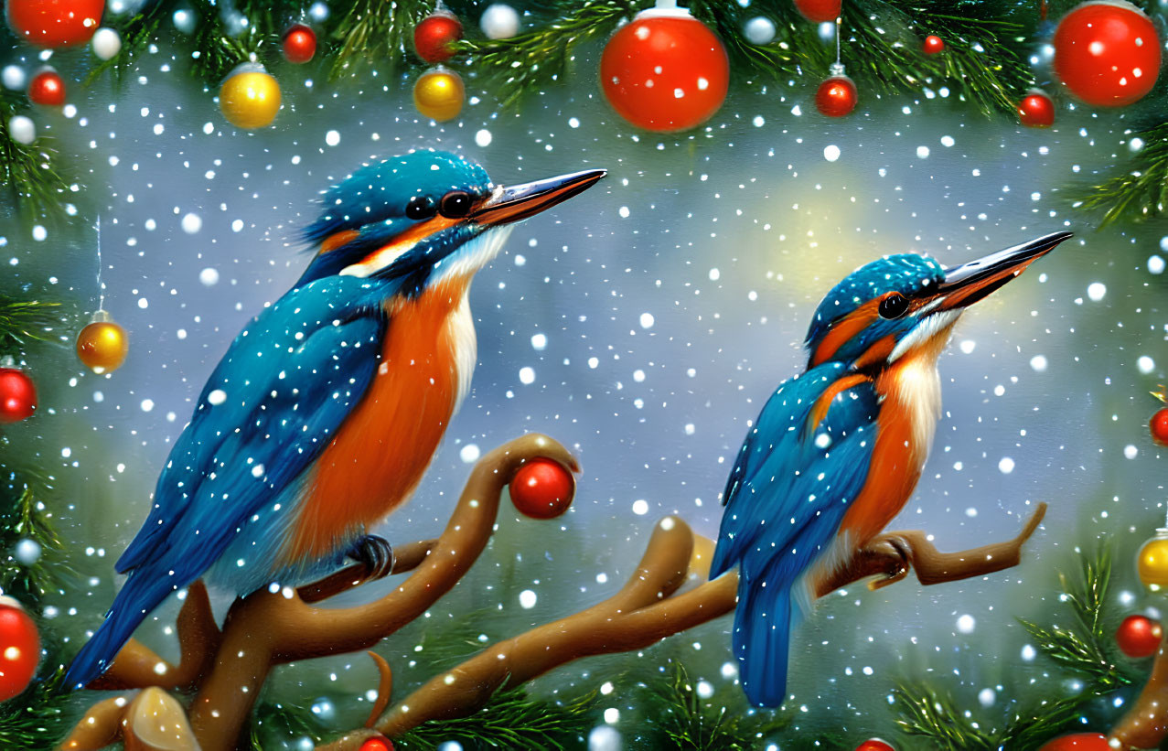 Vibrant kingfishers on branch with red and yellow baubles in snowfall