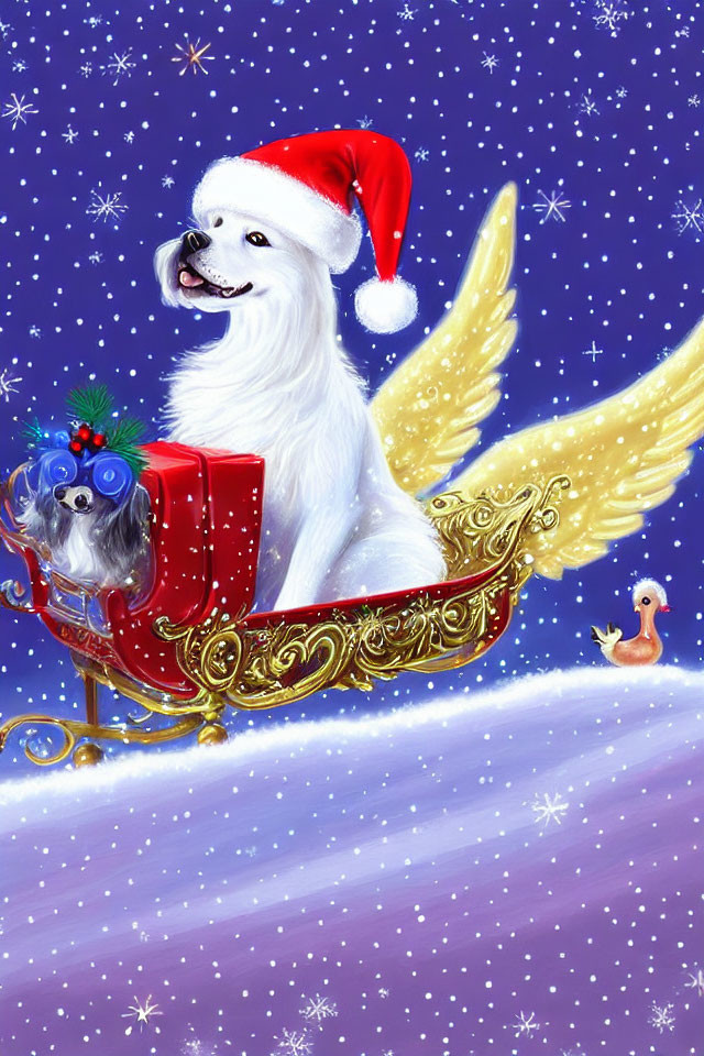 White Dog in Santa Hat Riding Winged Sleigh in Starry Night Sky