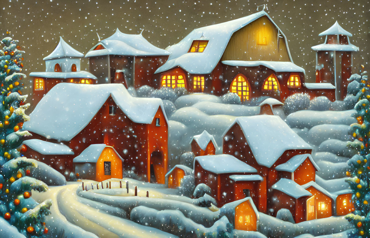 Snowy village at night with cozy, lit-up houses and heavy snowfall