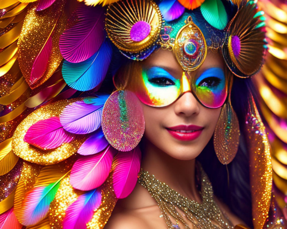 Woman in Vibrant Feathered Costume and Peacock Masquerade Mask