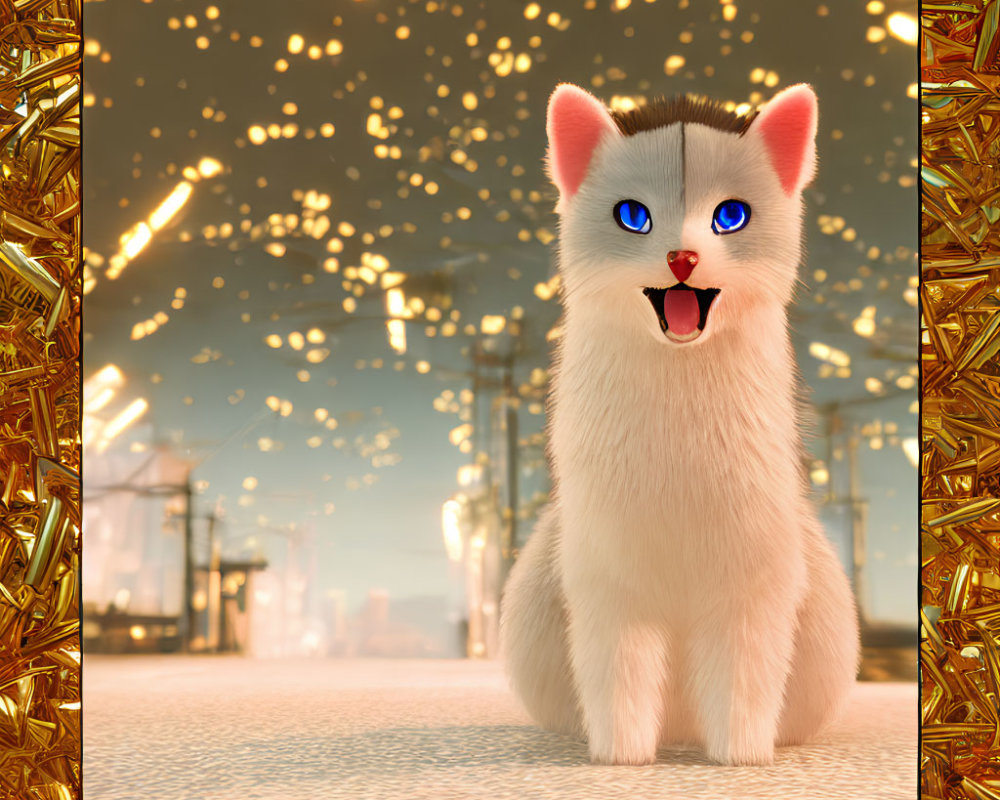 Cartoon cat with blue eyes in fantastical cityscape