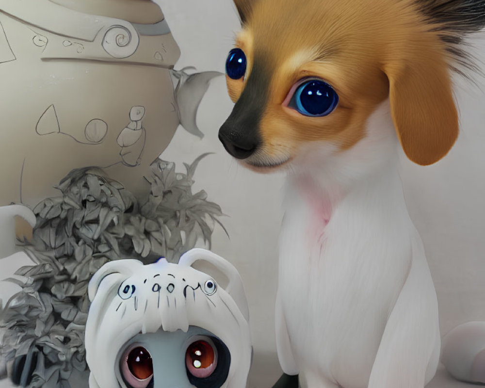 Three stylized canine figurines: robotic, large blue eyes, and sad expression