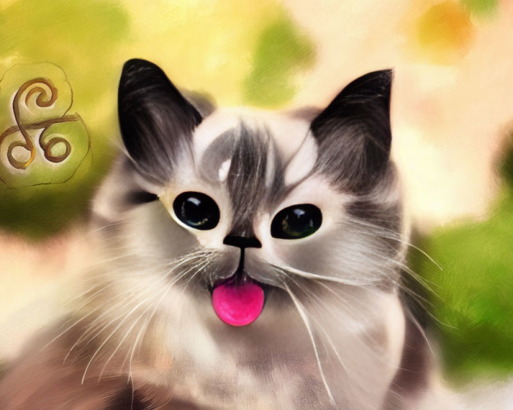 Whimsical gray and white cat with oversized eyes and pink tongue