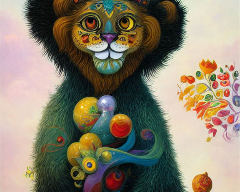 Colorful Lion Painting with Surreal Elements