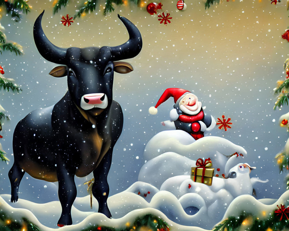 Festive Christmas scene with black bull, Santa Claus, snowmen, and snow-covered trees