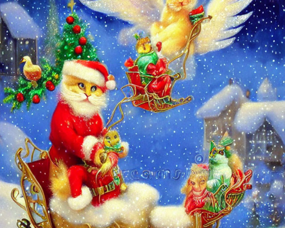 Festive Christmas illustration with Santa, angel wings, flying cat, and snowfall