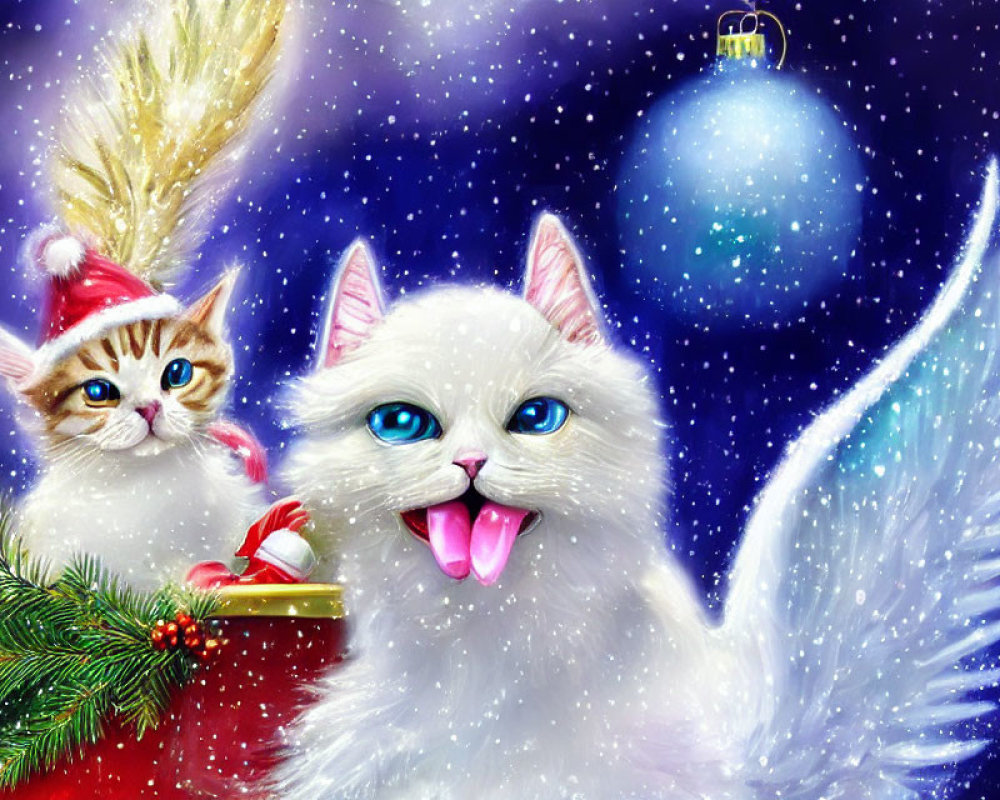 Whimsical winged cats in Santa hat with Christmas decorations
