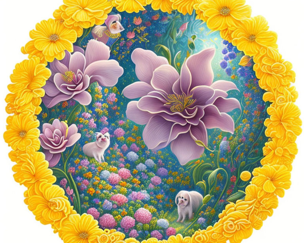 Circular Floral Illustration with Yellow and Purple Flowers and Small Animals