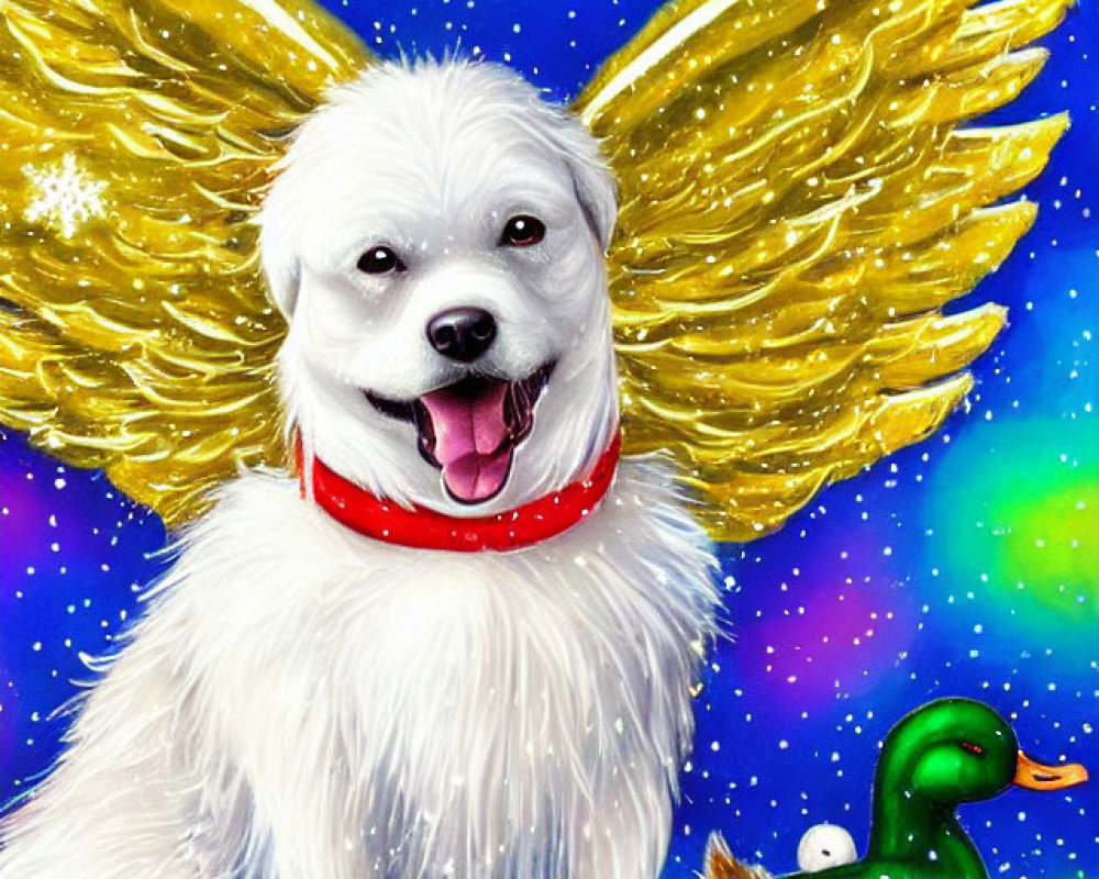 Fluffy white dog with golden wings in snowy scene with rubber ducks