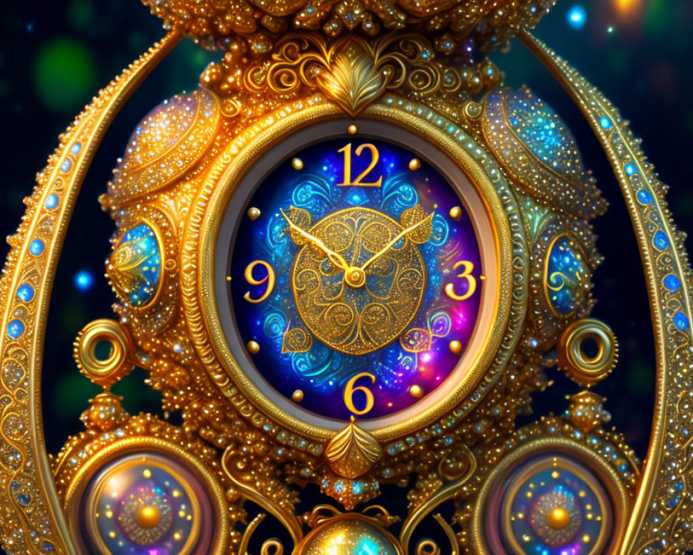 Intricate golden clock with sparkling jewels on blue and rainbow bokeh.
