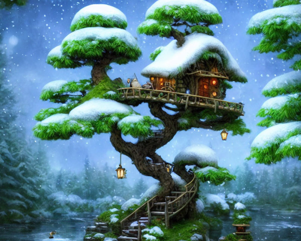 Snow-covered treehouse with warm glowing lights in serene winter scene
