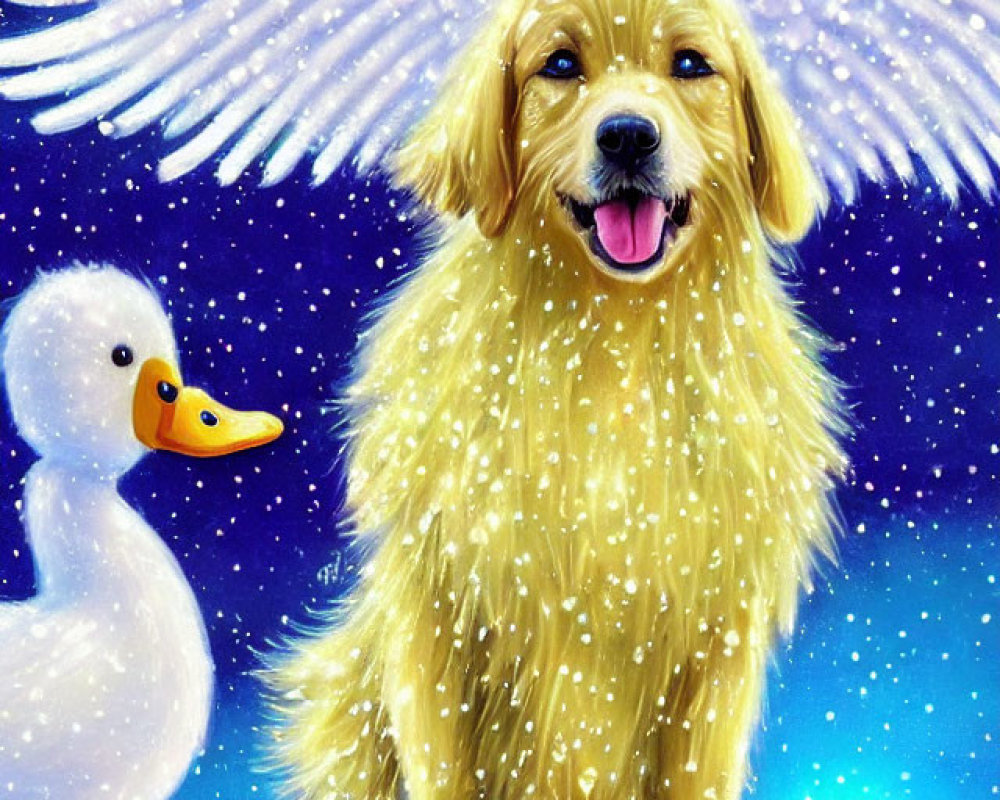 Golden retriever with angel wings and ducks under starry sky