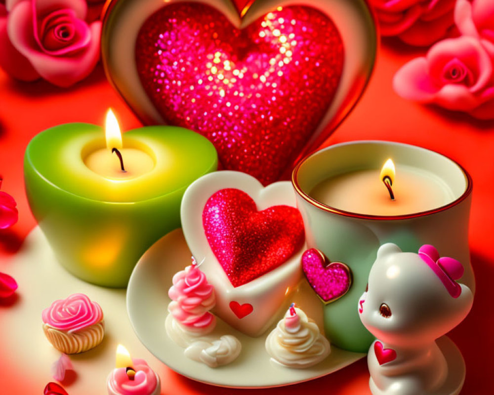 Valentine's Themed Image: Hearts, Roses, Candles, Bunny Figurine, S