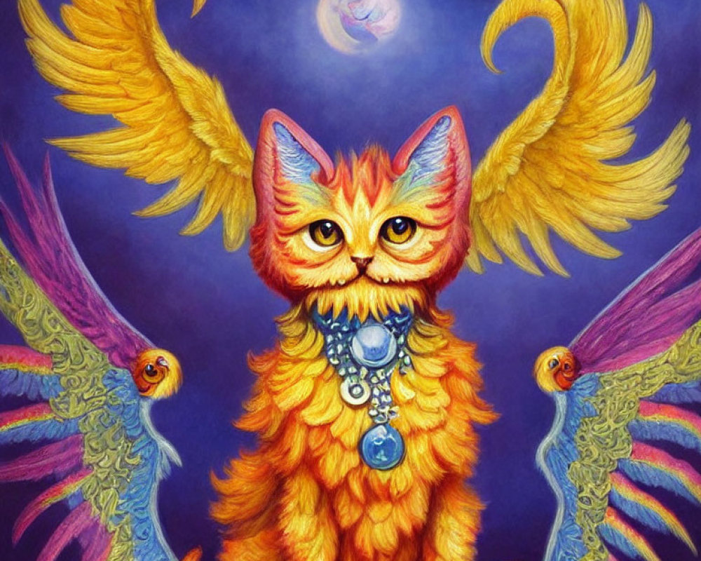 Colorful Cat Painting with Wings and Moon on Blue-Purple Background