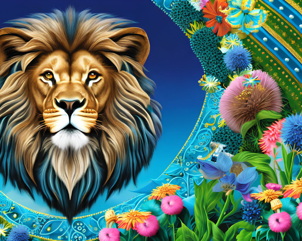 Colorful Lion Head Illustration on Blue Background with Flowers and Patterns
