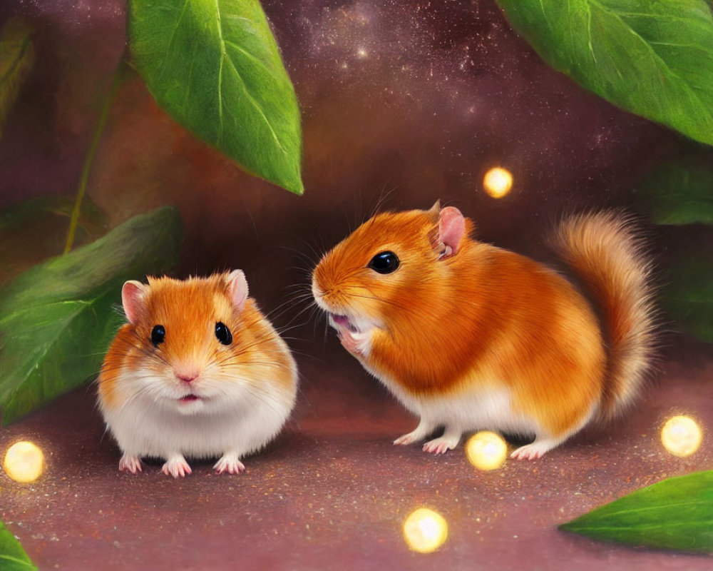 Illustrated hamsters in green leaves with glowing orbs on dusky background
