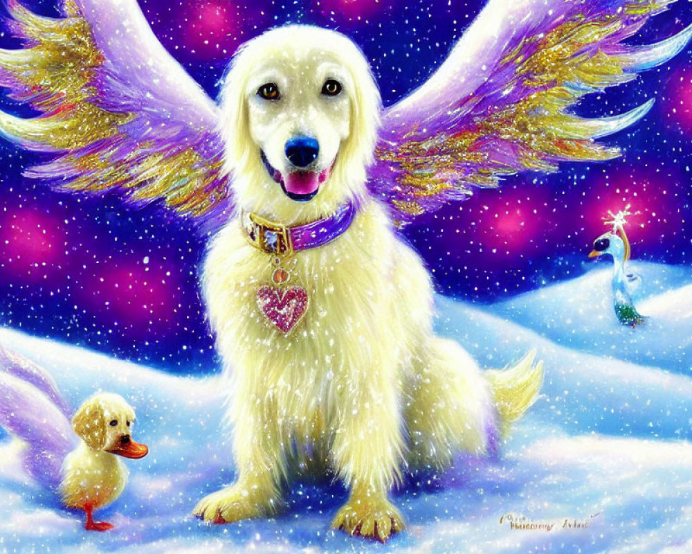 White Dog with Angel Wings and Winged Duckling in Snowy Landscape