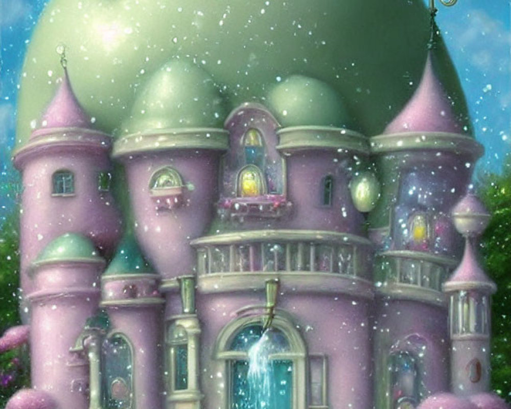 Whimsical Pink Castle with Round Towers and Turrets in Snowy Starry Sky