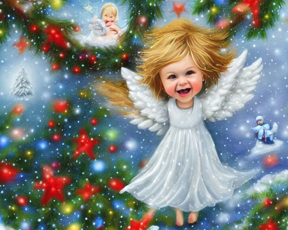 Joyful angelic toddler with wings in vibrant Christmas scene