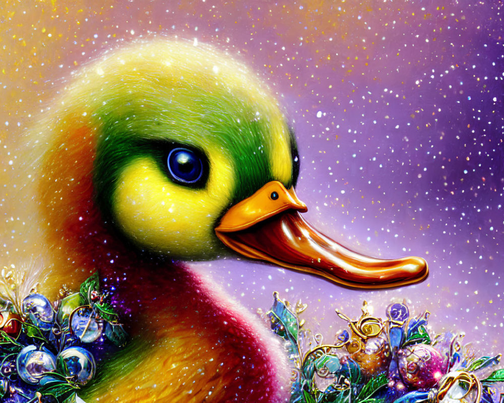 Colorful Duck Illustration Among Berries on Starry Background