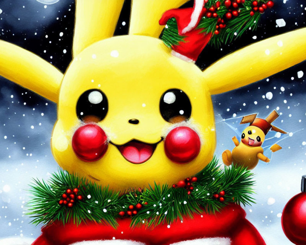 Festive Pikachu illustration with Santa hat and snowflakes