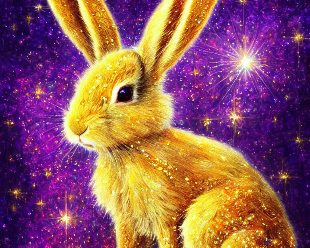 Golden Glittering Rabbit on Starry Purple Background