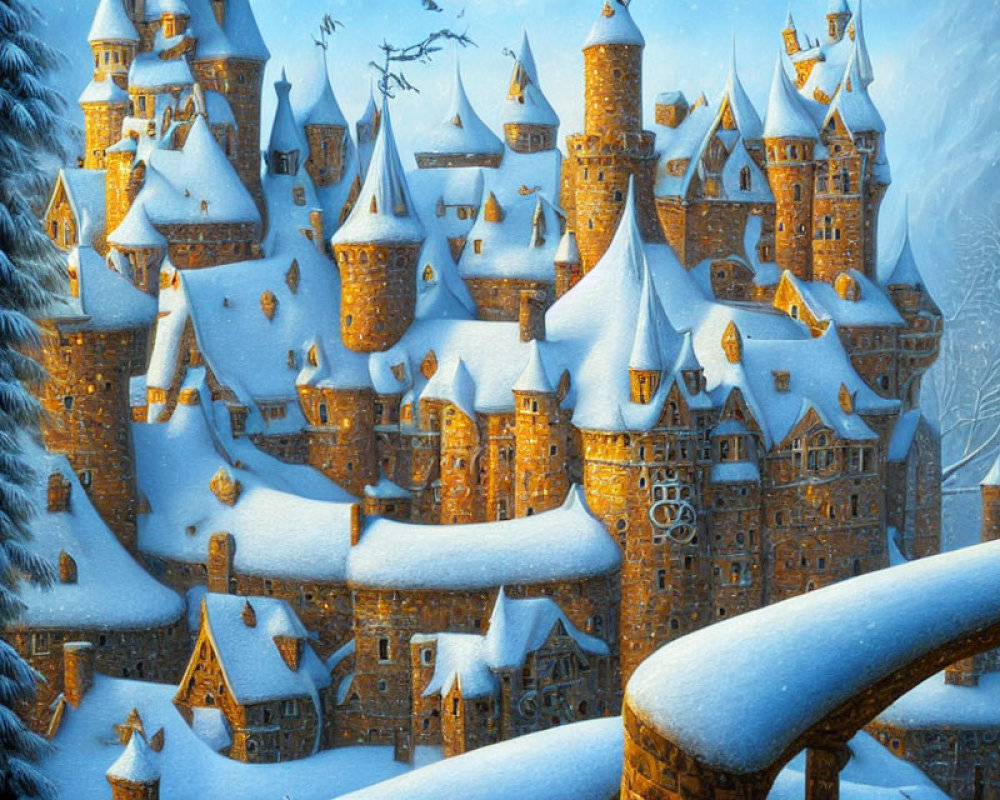 Snow-covered fantasy castle with turrets, warm lights, twilight sky, and winter trees