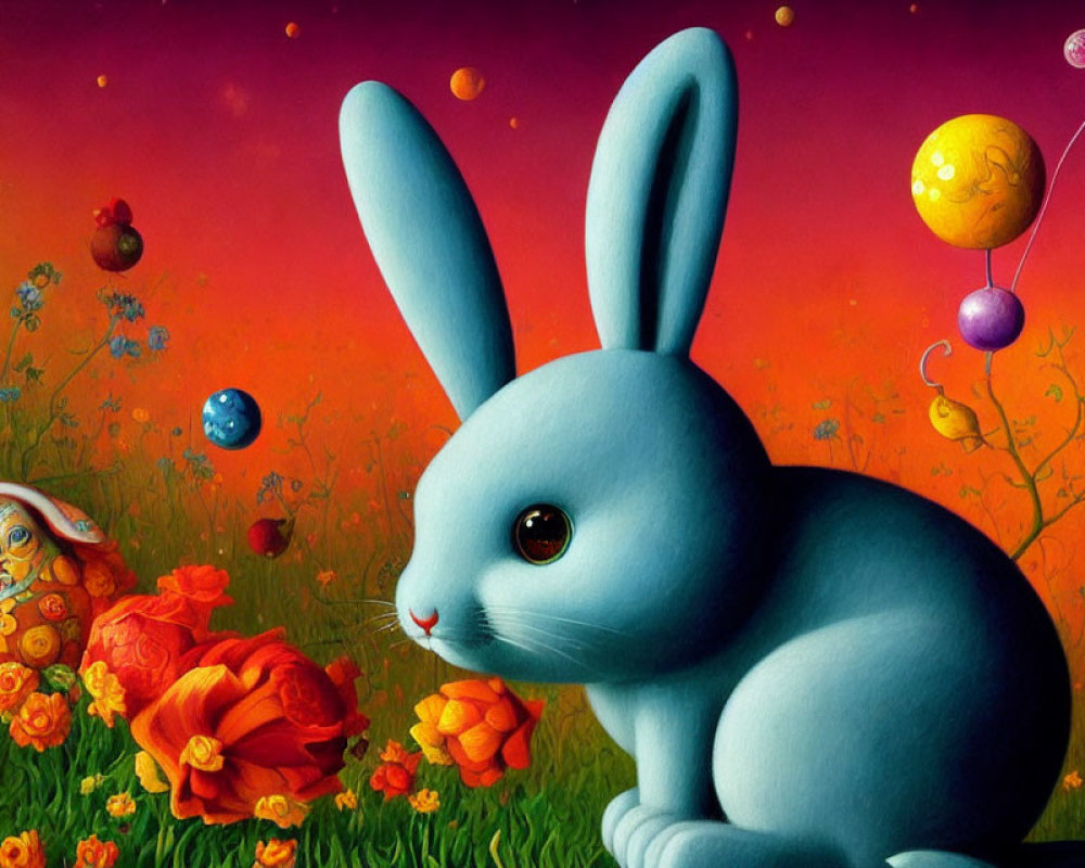 Colorful painting of large blue rabbit in whimsical field with flowers, egg, and bubbles under red