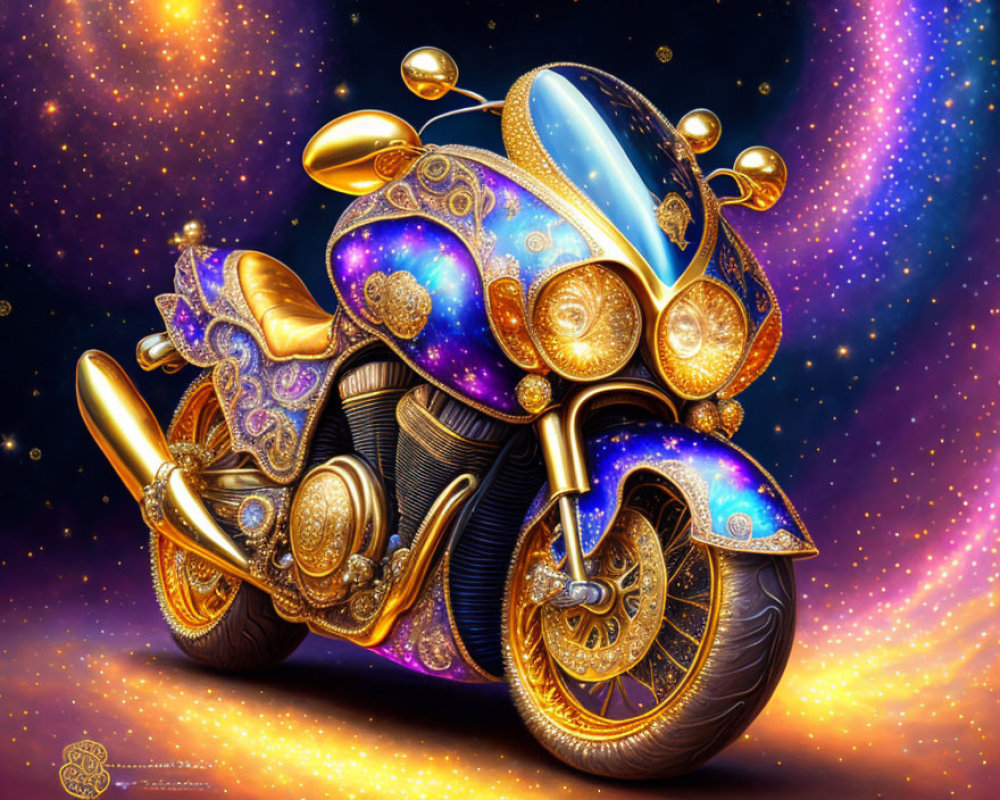 Jewel-encrusted motorcycle with gold and blue details on cosmic background