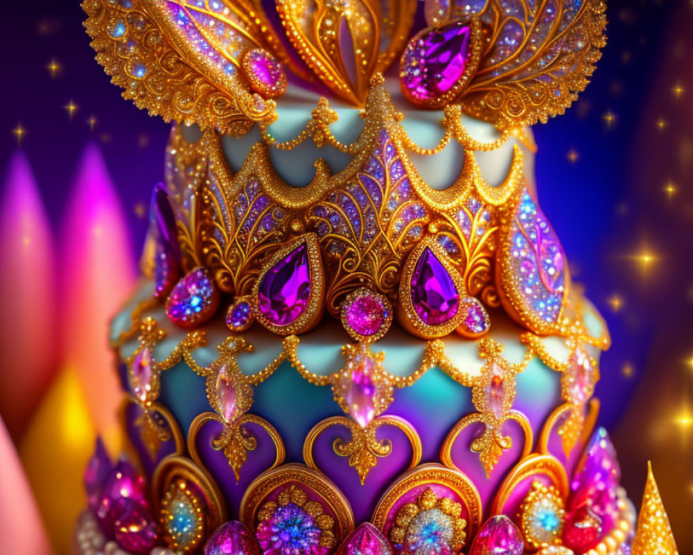 Intricate jeweled egg with gold patterns and gemstones on soft background