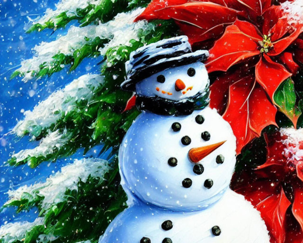 Cheerful snowman with black hat and poinsettia in snowfall