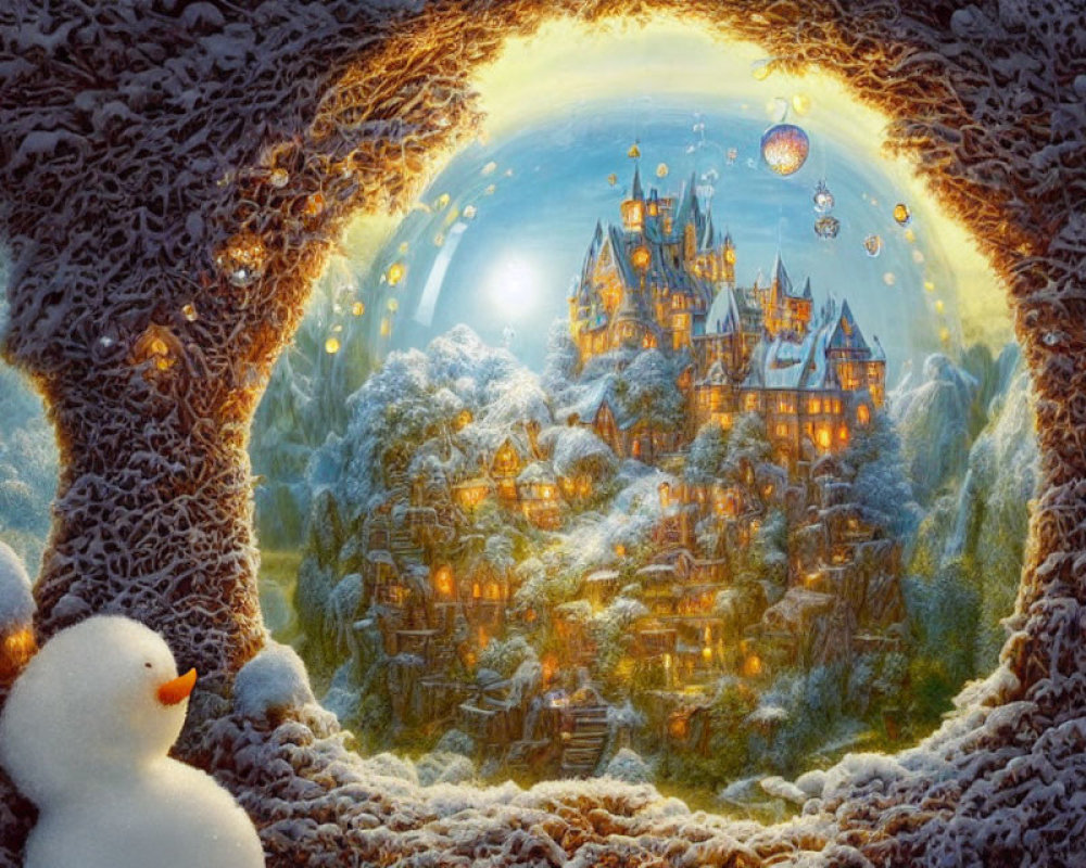 Snowman gazes at glowing village in tree hollow under moonlit castle