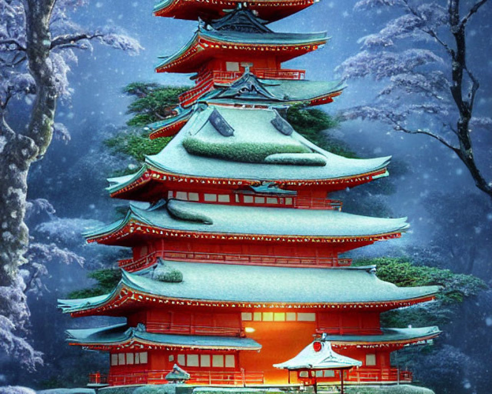 Red Pagoda in Snowy Forest Under Starry Night Sky