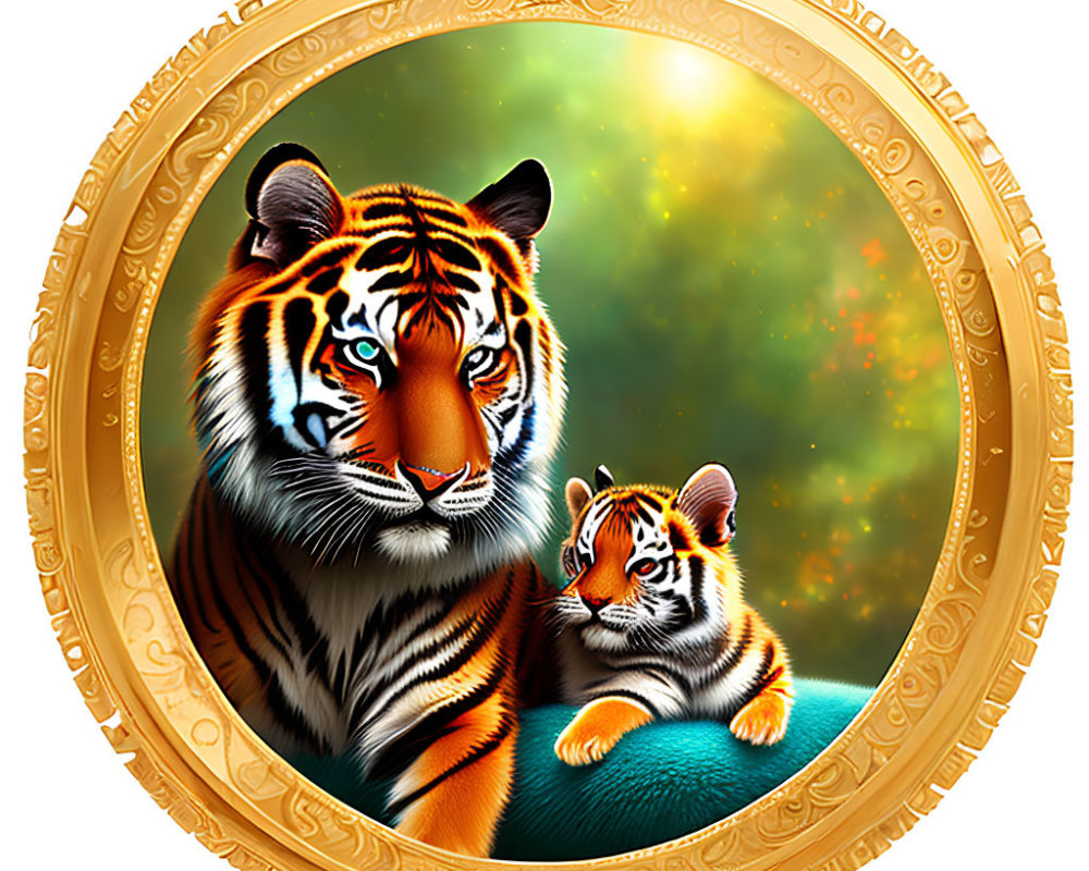 Illustration of adult tiger and cub in golden frame on starry background