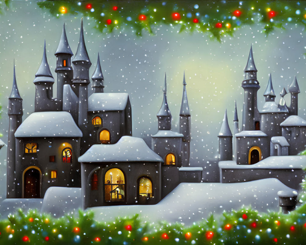 Snow-covered castle with glowing windows and festive lights in serene snowy setting