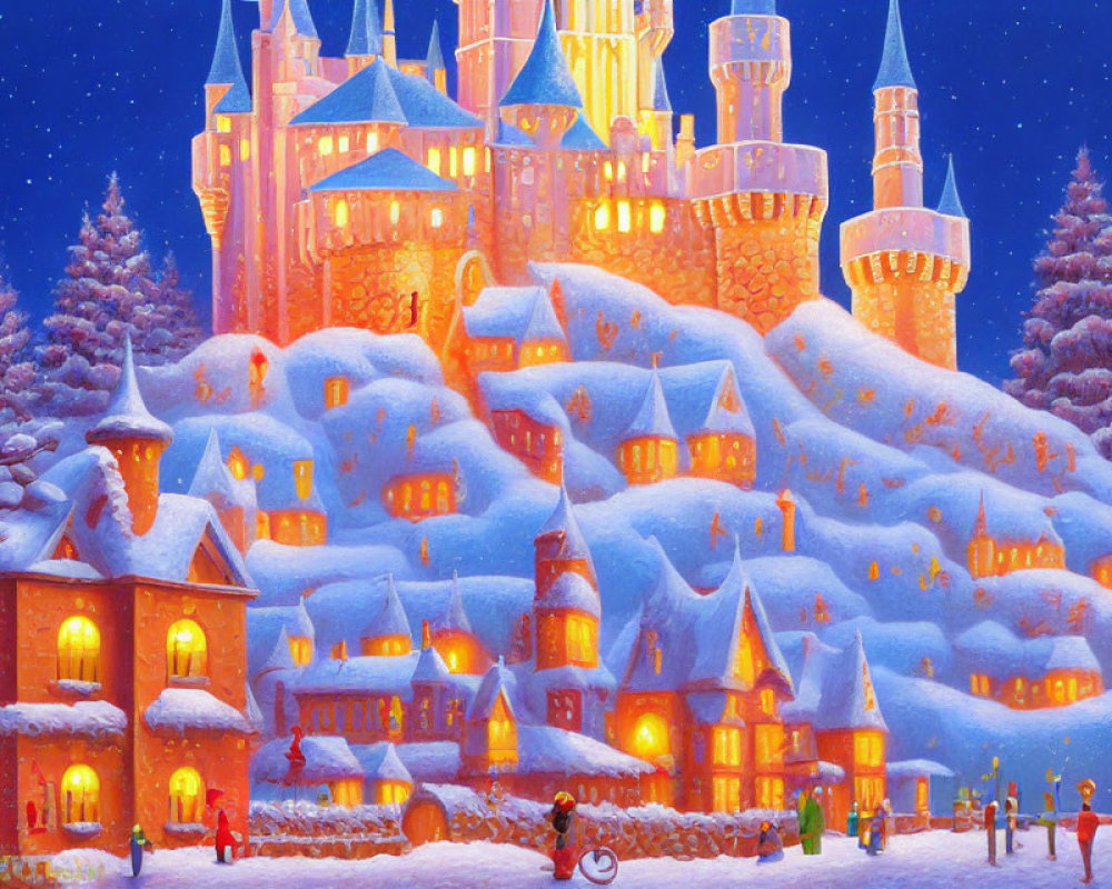 Snow-covered village and grand castle painting at twilight