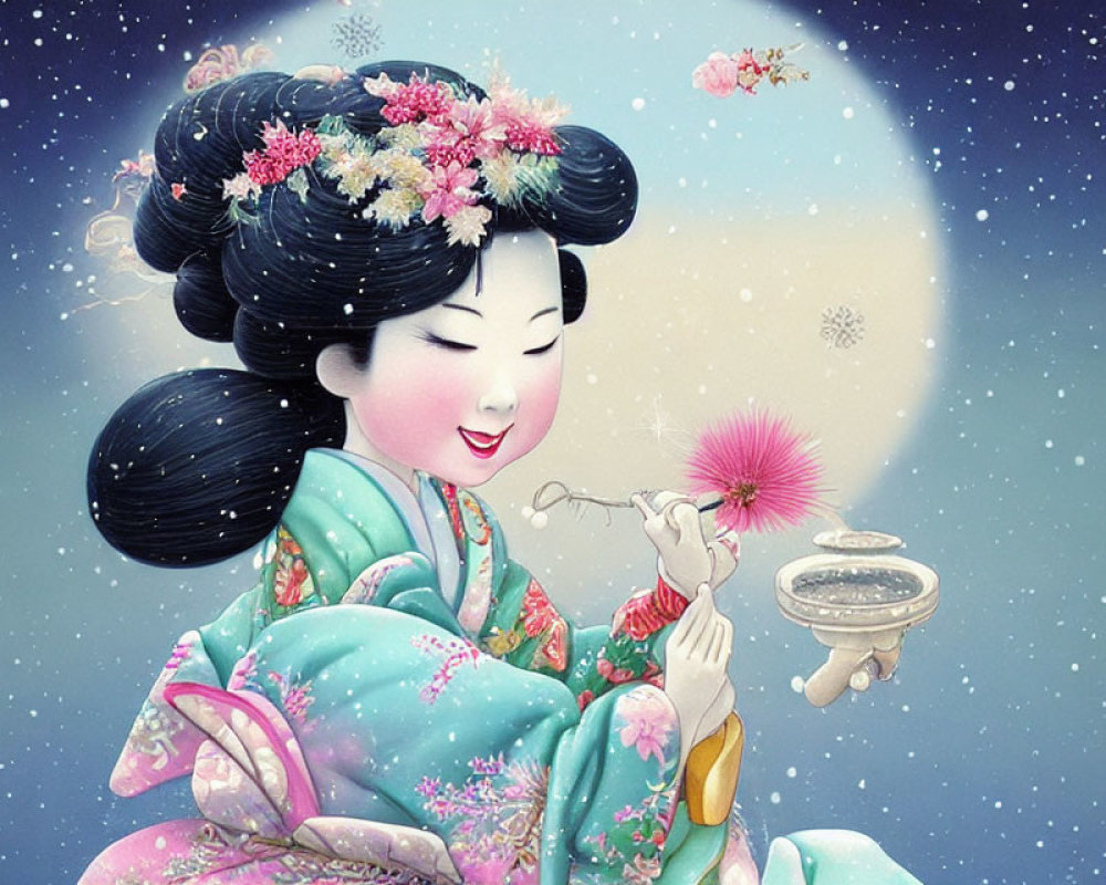 Smiling woman in East Asian attire with incense burner and cherry blossoms