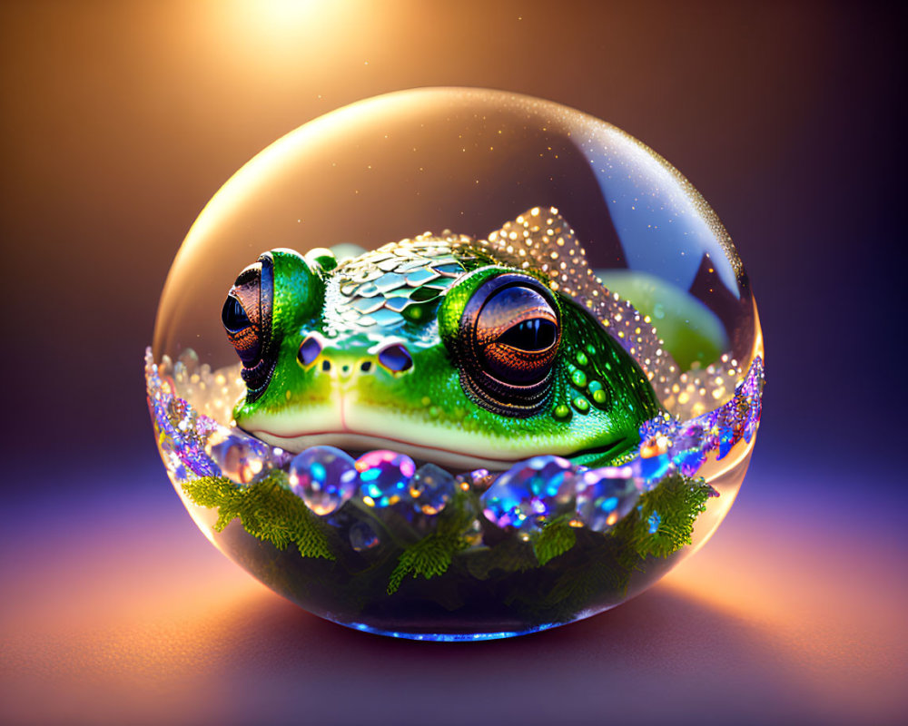 Colorful Frog Captured in Dewy Sphere on Gradient Background