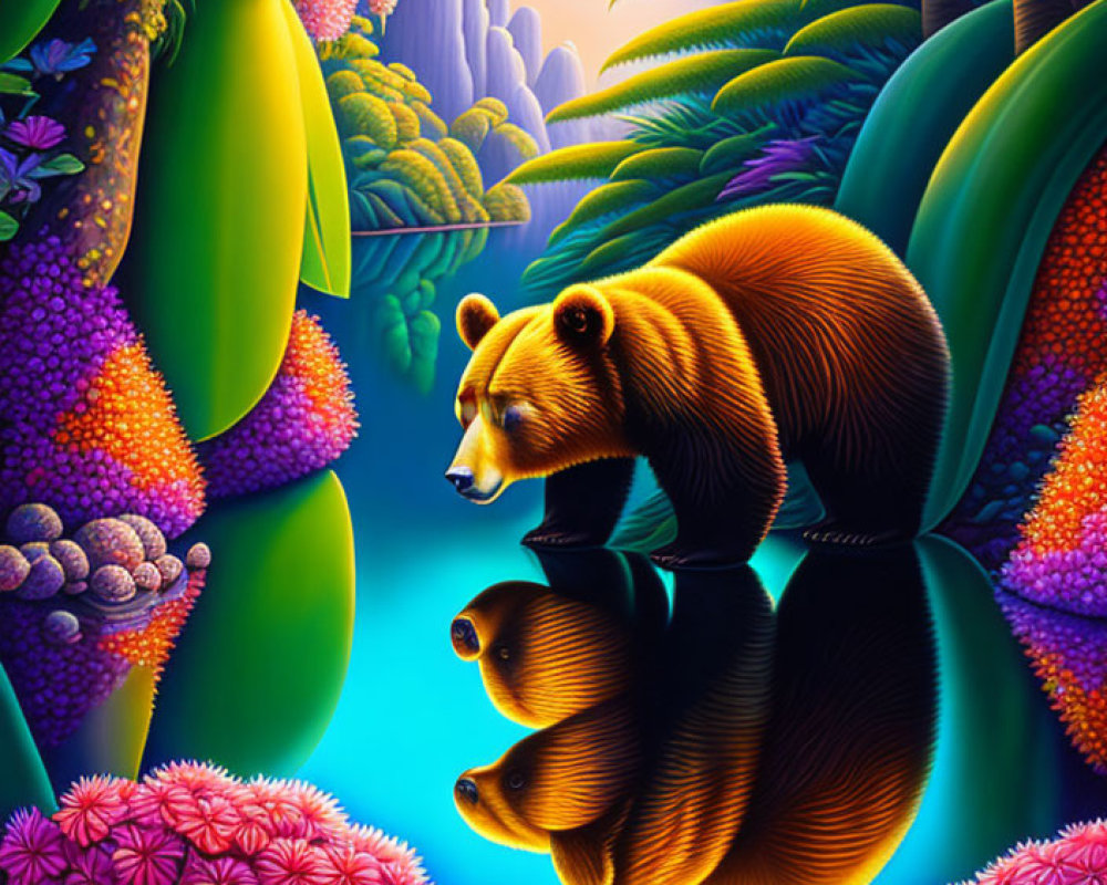 Colorful Bear Illustration by Waterfall and Tropical Flora