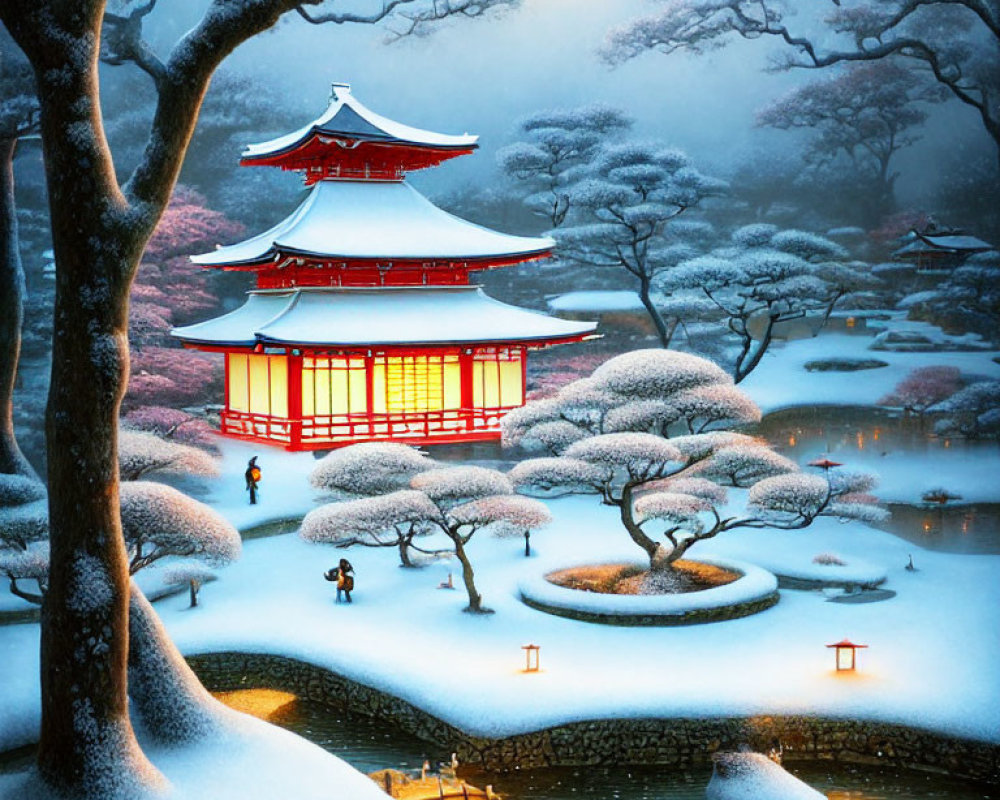 Japanese Winter Garden with Snow-Covered Bonsai Trees and Tranquil Pond