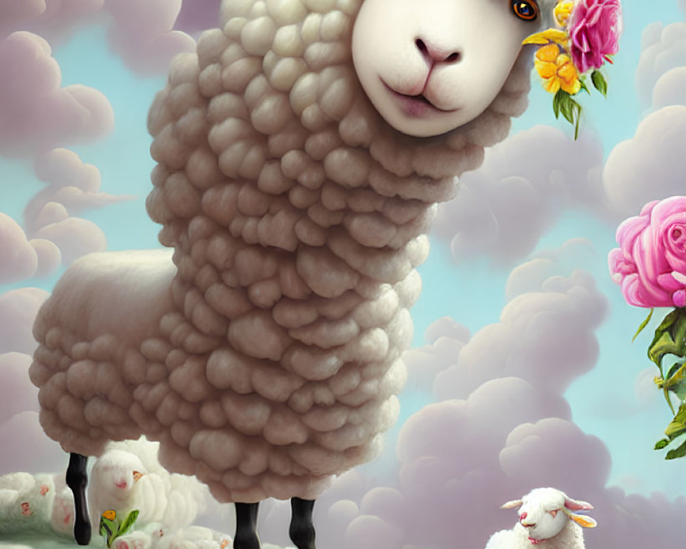 Stylized sheep digital art with thick wool and flowers, among cloud-like flock