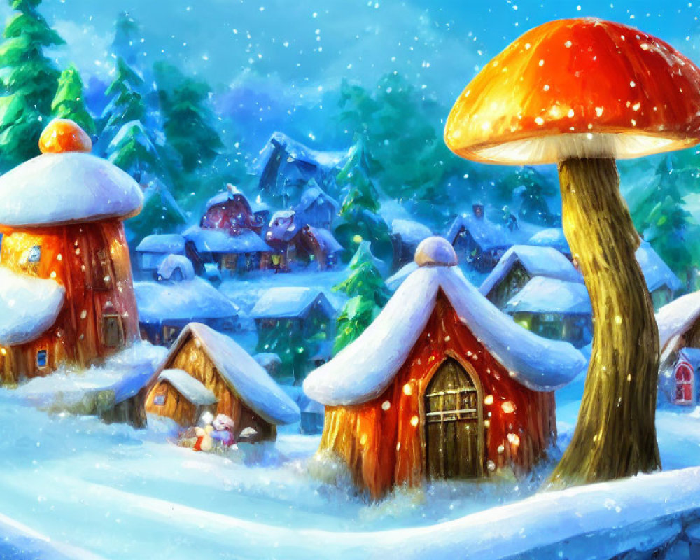 Snow-covered mushroom-shaped houses in a winter village scene