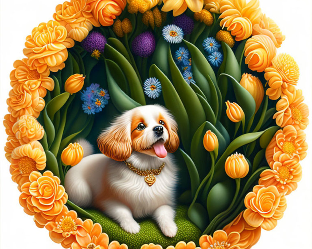Fluffy white dog surrounded by colorful flowers in circular arrangement