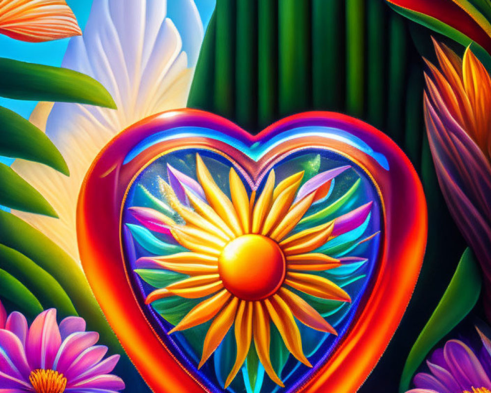 Colorful Heart and Flower Painting with Stylized Blooms and Blue Sky