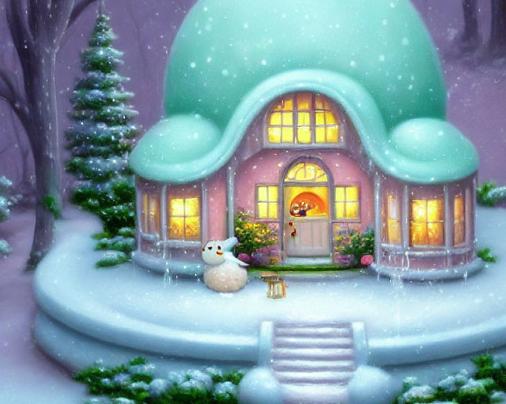 Snow-covered whimsical house with Christmas tree and snowman in winter scene.
